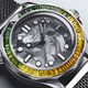 A close-up of the face and dial of the Omega Seamaster Diver 300M 60 Years Of James Bond Canopus Gold Edition watch.